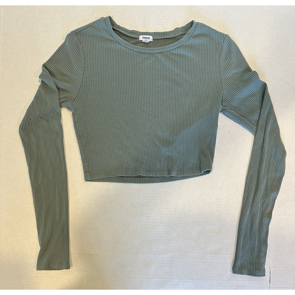 Garage Long Sleeve Crop Top Ribbed Crew Neck Sage Green Women's Small